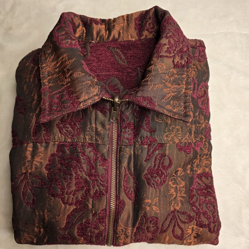 Jacket M Reversible Dark Red Floral & Bronze Brocade Zip Front ‎ Coldwater Creek